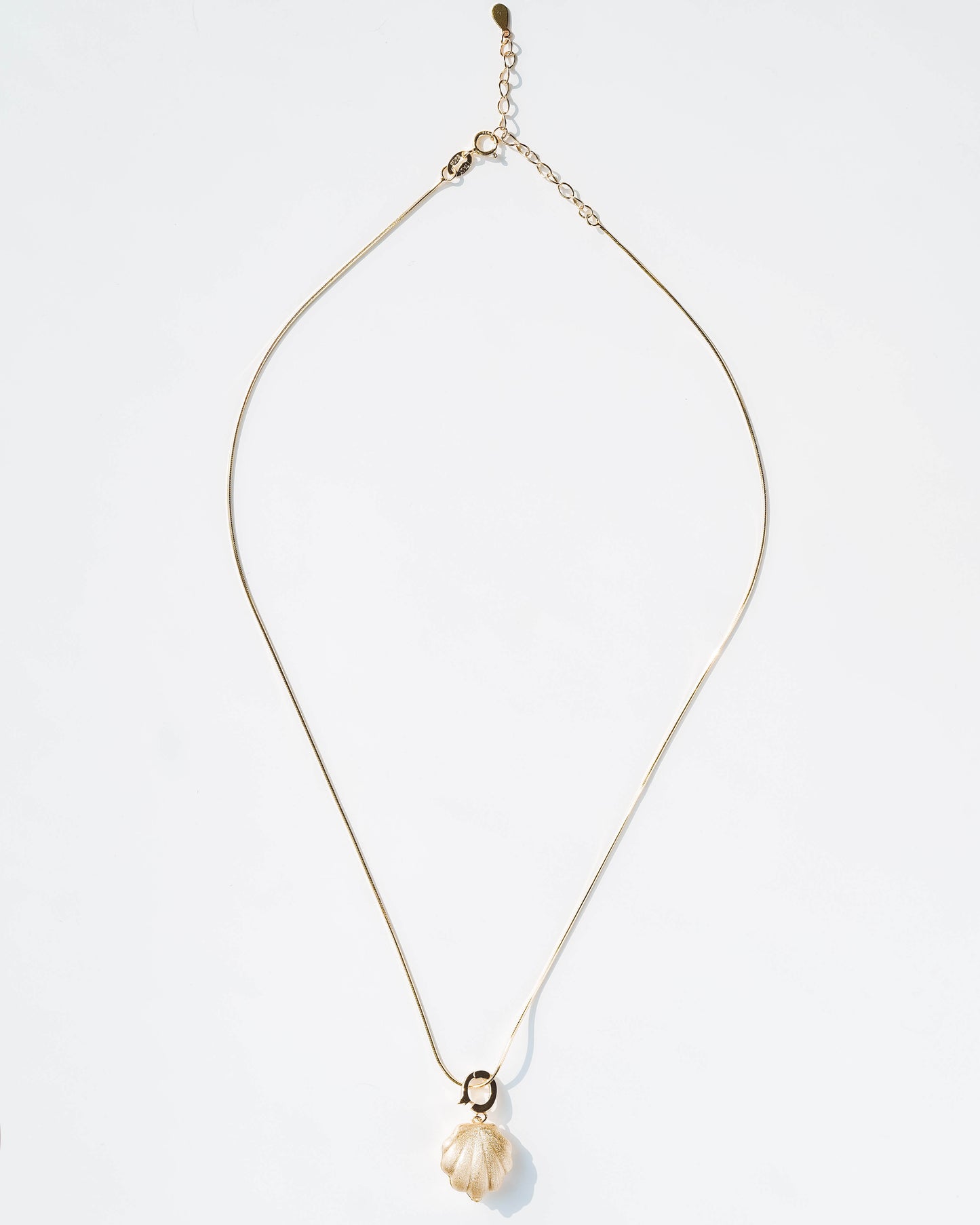 Gold necklace with a shell pendant on a light gray background