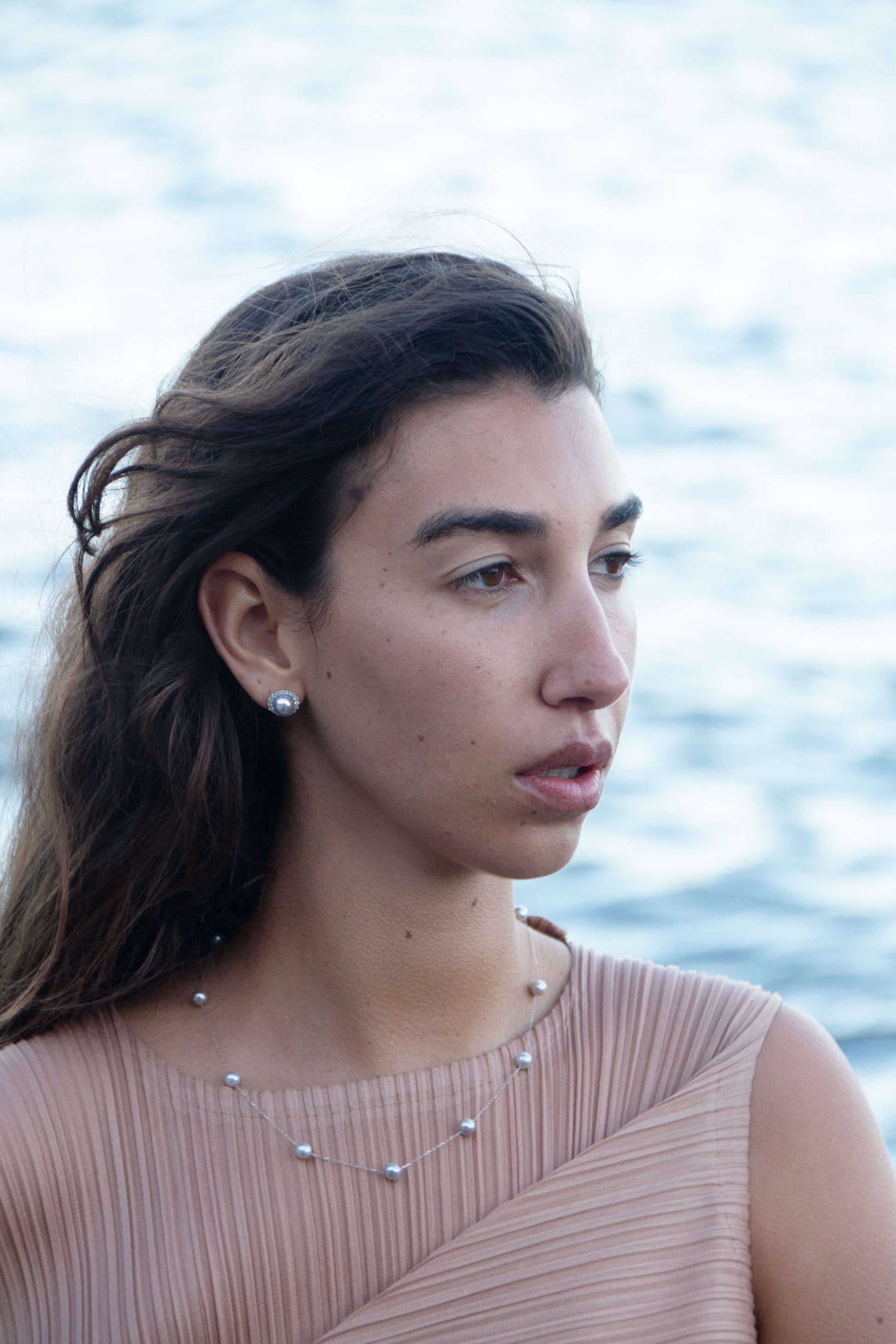 silver lining akoya örhängen och silver galxy 18K guld Halsband Set