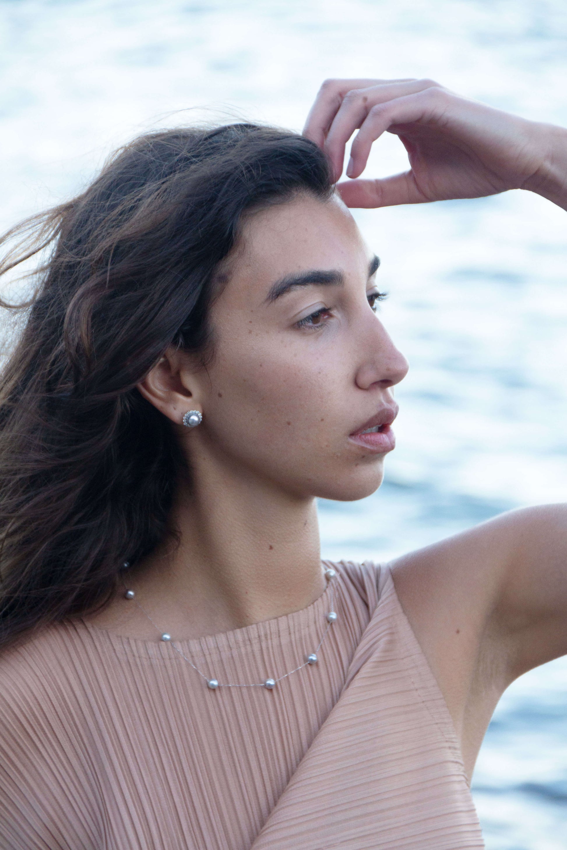 silver lining akoya örhängen och silver galxy 18K guld Halsband Set